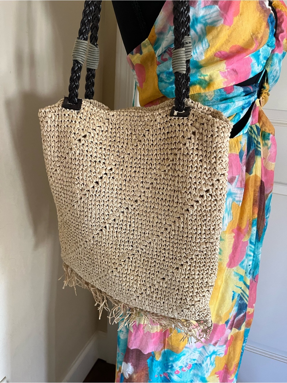 Woven Straw Tote Bag with Braided Handles - Natural